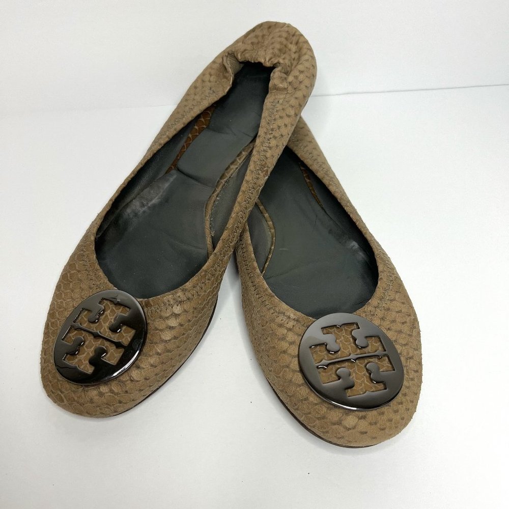 Tory Burch Reva brown/gray python embossed leather flats 11M